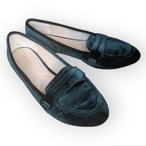 Zara TRF Velvet Loafers Emerald Green